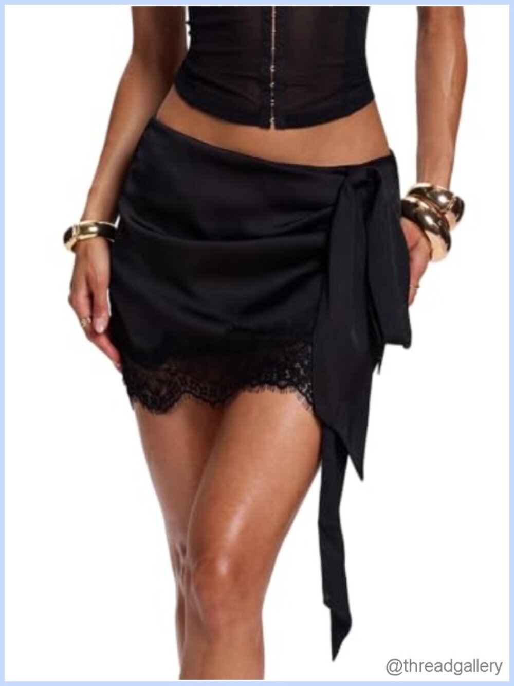 Satin Mini Skirt Lace Trim Low Rise Tie Side Party Night